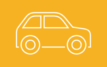 en ikon av en bil i vitt mot en gul bakgrund