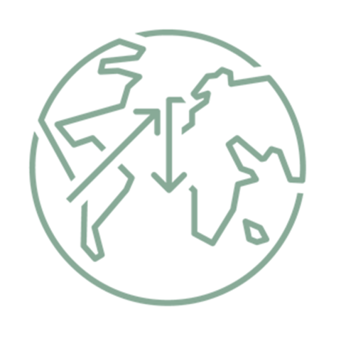 Grön ikon jordglob med pilar som ska symbolisera internationell handel